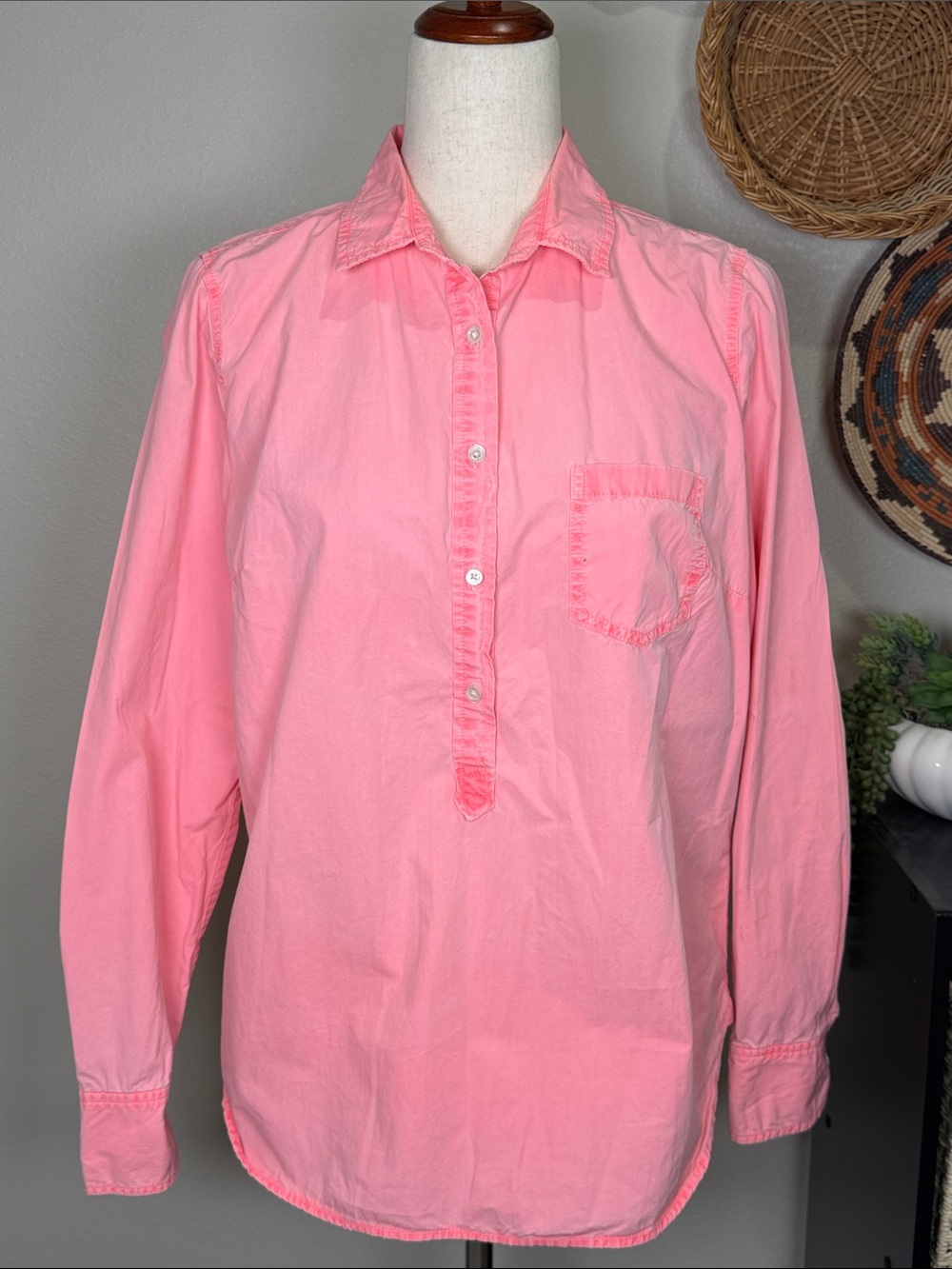 Neon Pink J. Crew Popover Shirt 1/2 Button Retro Collared Size 10/Medium